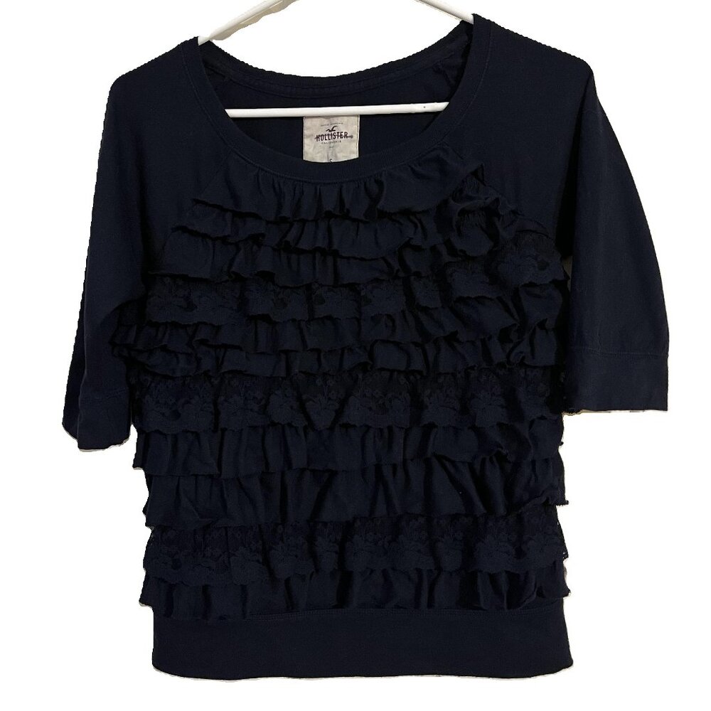 Hollister Navy Ruffled Lace Front Top Size S